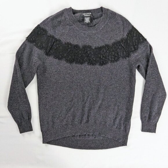 Lord and Taylor Gray Cashmere Black Lace Detail Sweater - Picture 1 of 7